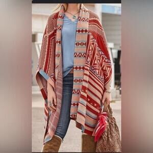 Sundance Womens Red Geometric Oversized Poncho Wrap Cardigan PXXS